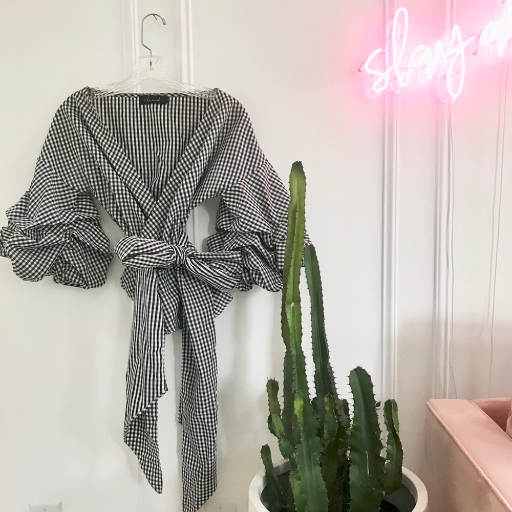 Gingham off shoulder deep v plunge pouf sleeve
